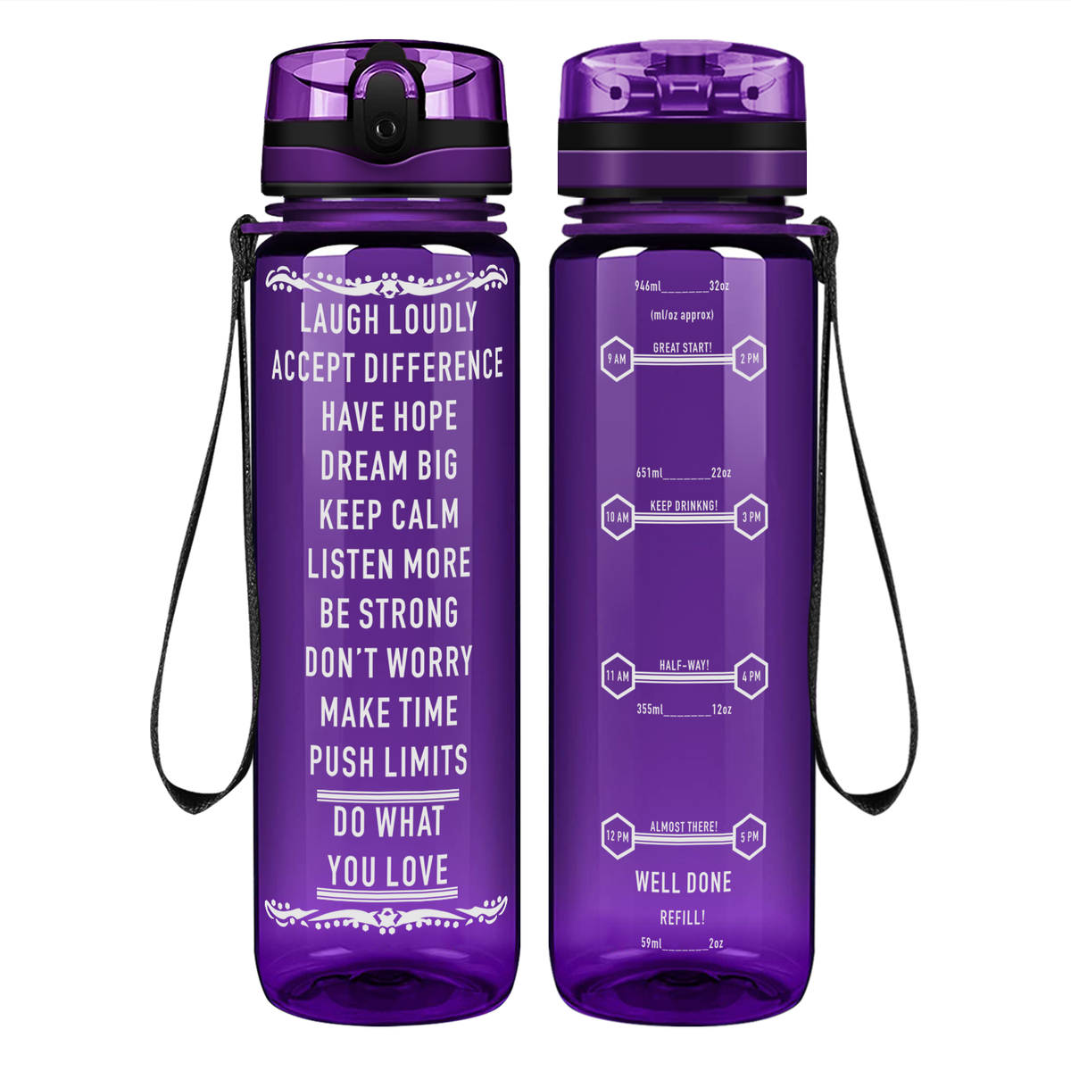 Laugh Loudly on 32 oz Motivational Tracking Water Bottle