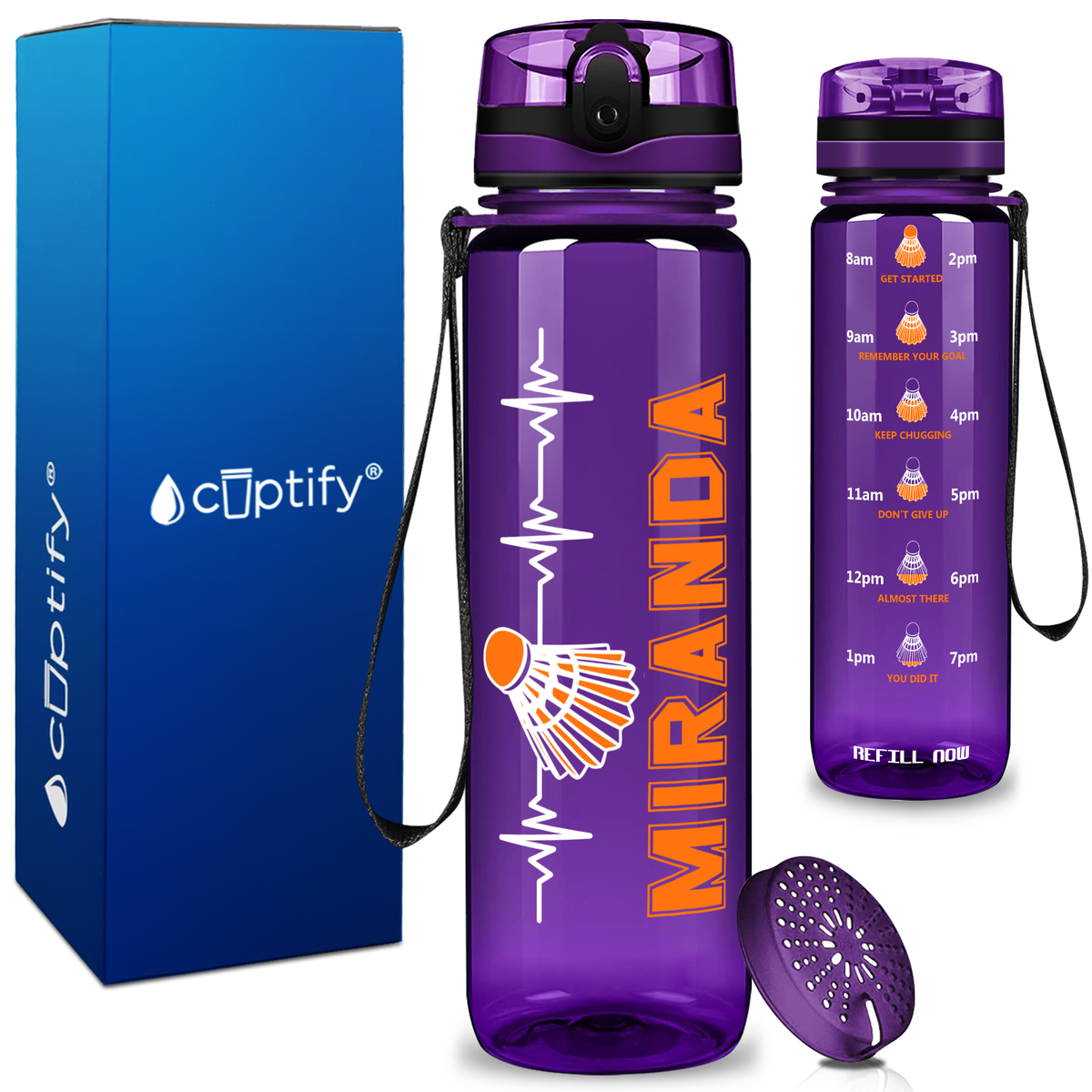 Personalized Badminton Heartbeat on 32 oz Motivational Tracking Water Bottle