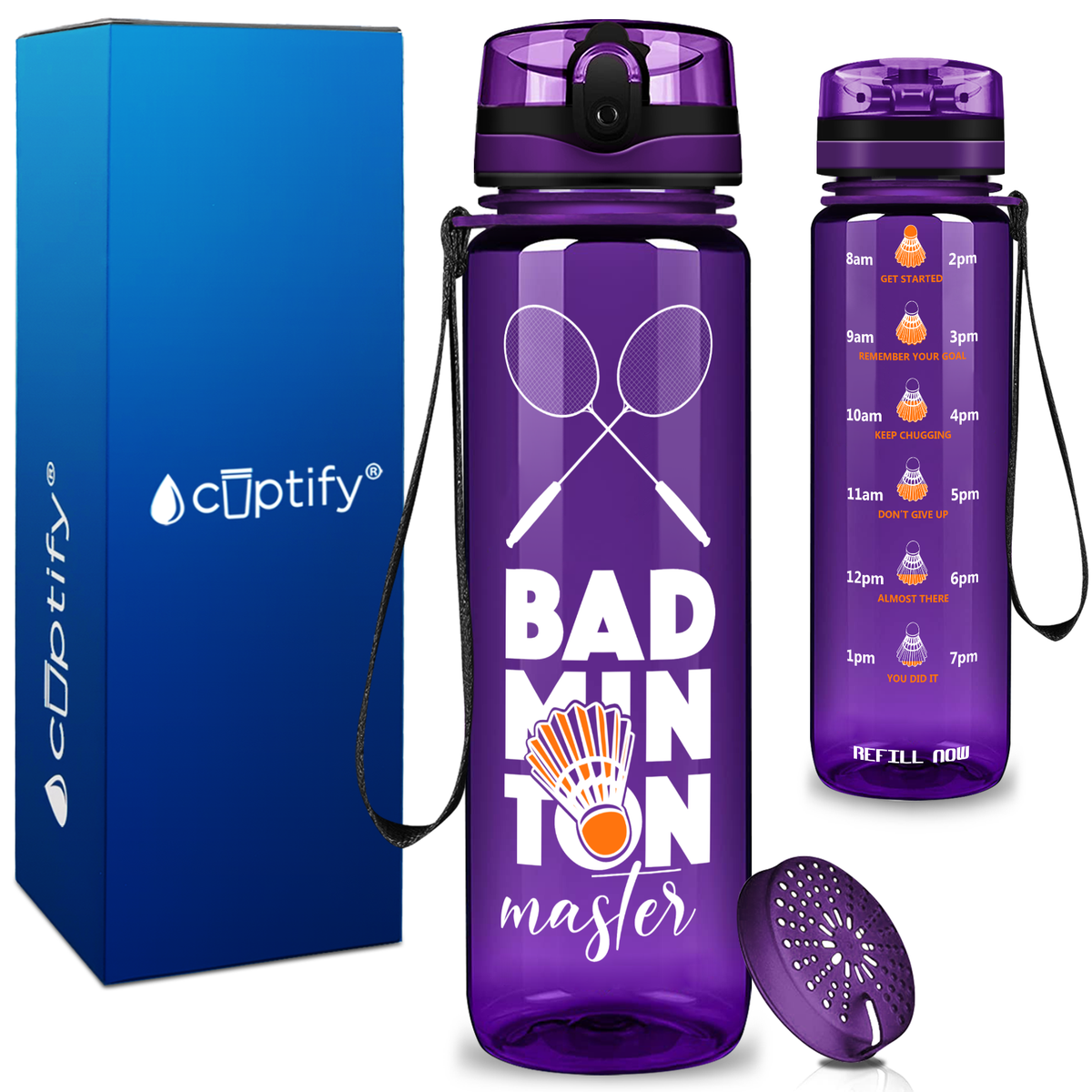 Personalized Badminton Master on 32 oz Motivational Tracking Water Bottle