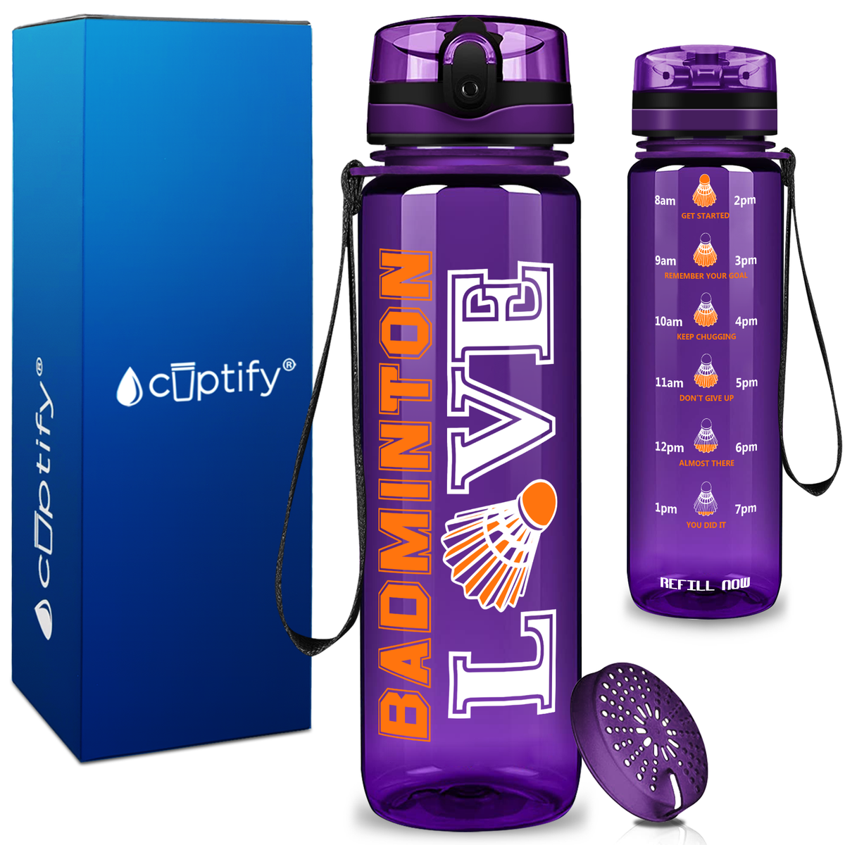 Love Badminton on 32 oz Motivational Tracking Water Bottle
