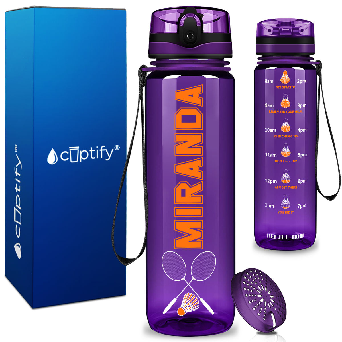 Personalized Badminton Rackets and Shuttlecock on 32 oz Motivational Tracking Water Bottle