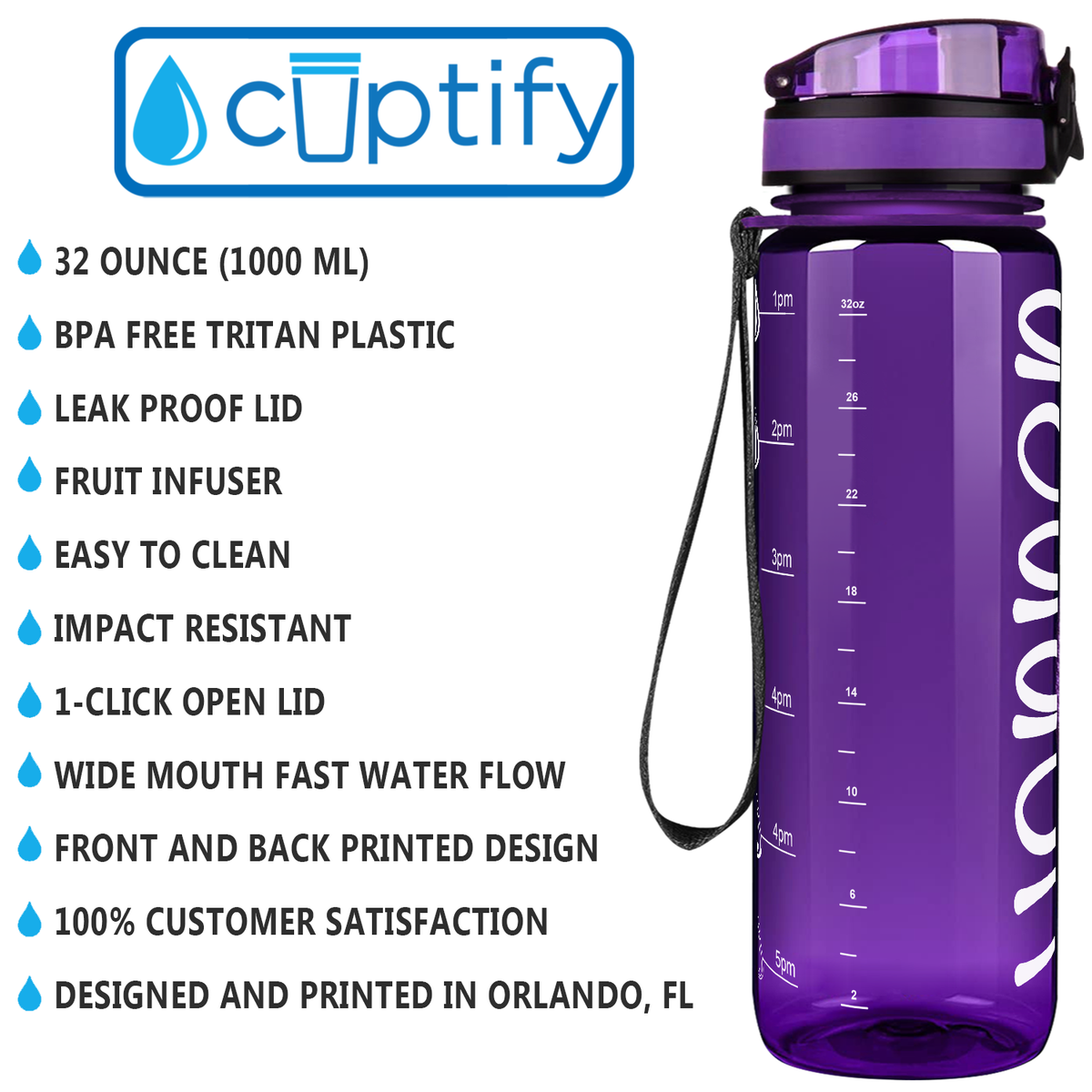 Kids Personalized on Purple 32 oz Motivational Tracking Water Bottle