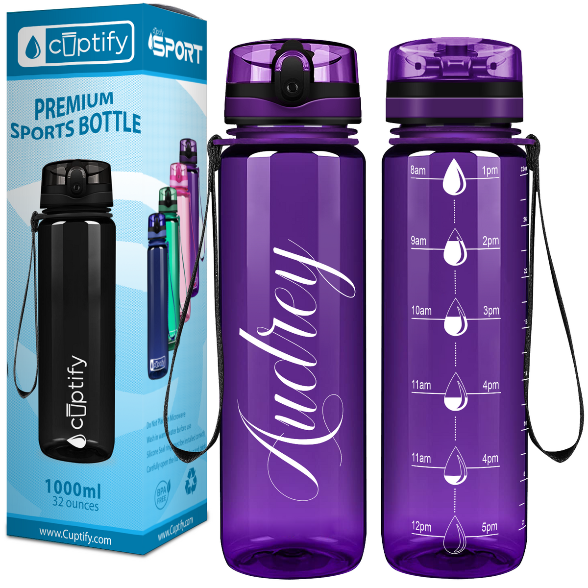 Purple 32 oz Personalized Motivational Tracking Water Bottle