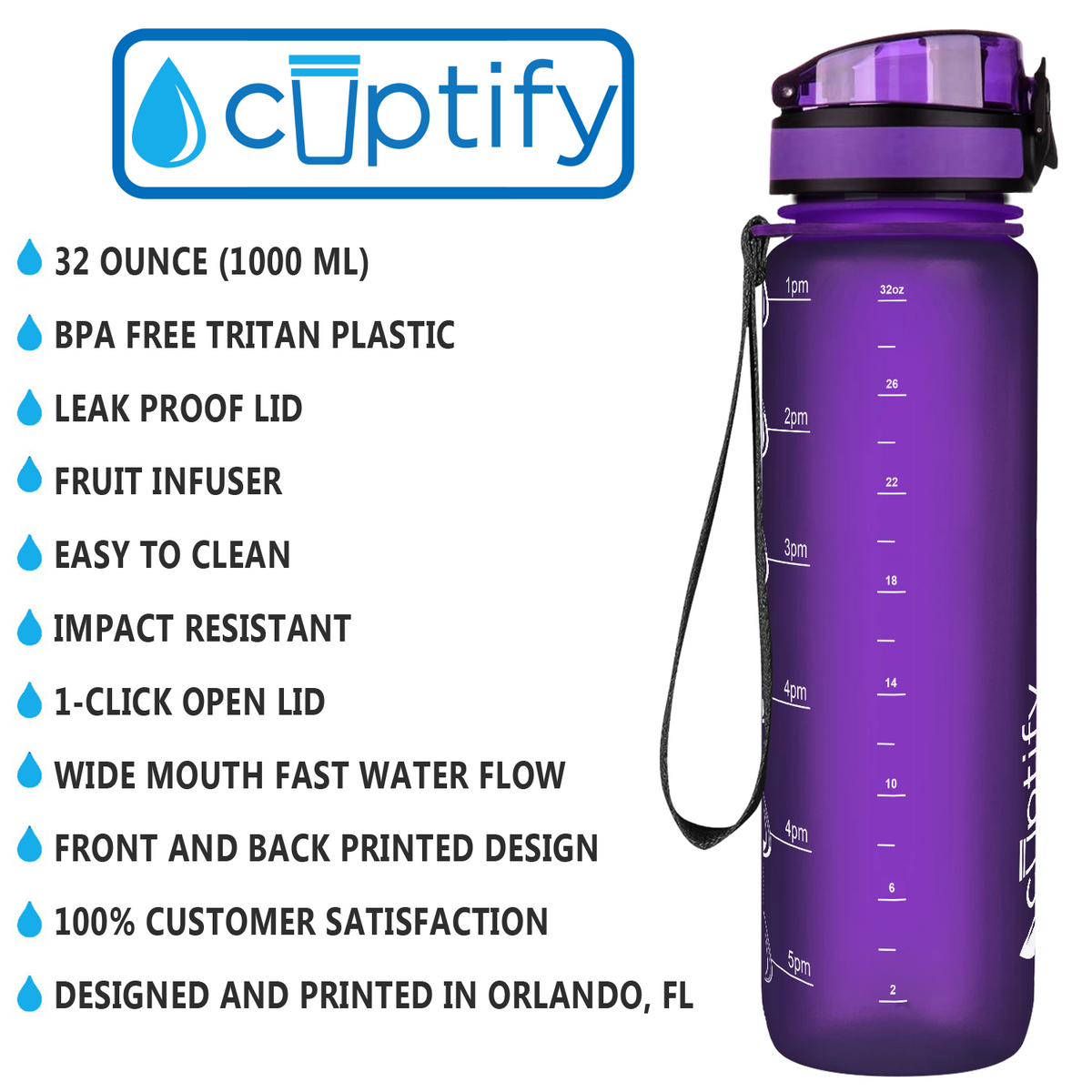 Purple Frosted 32 oz Hydration Tracker Water Bottle