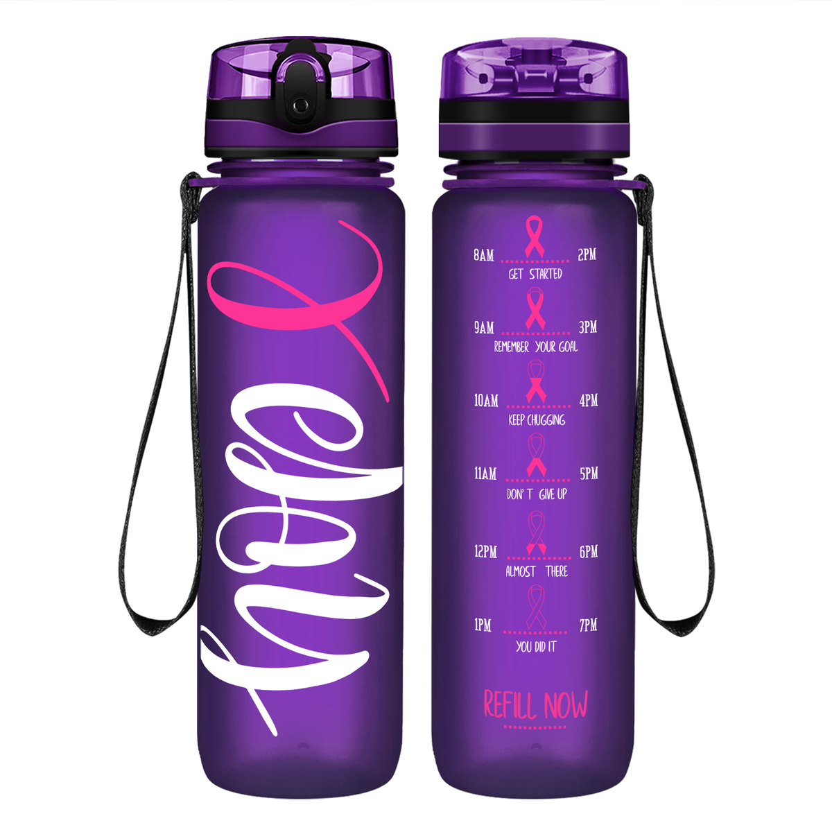 Hope Pink Ribbon on 32 oz Motivational Tracking Breast Cancer Awareness Water Bottle