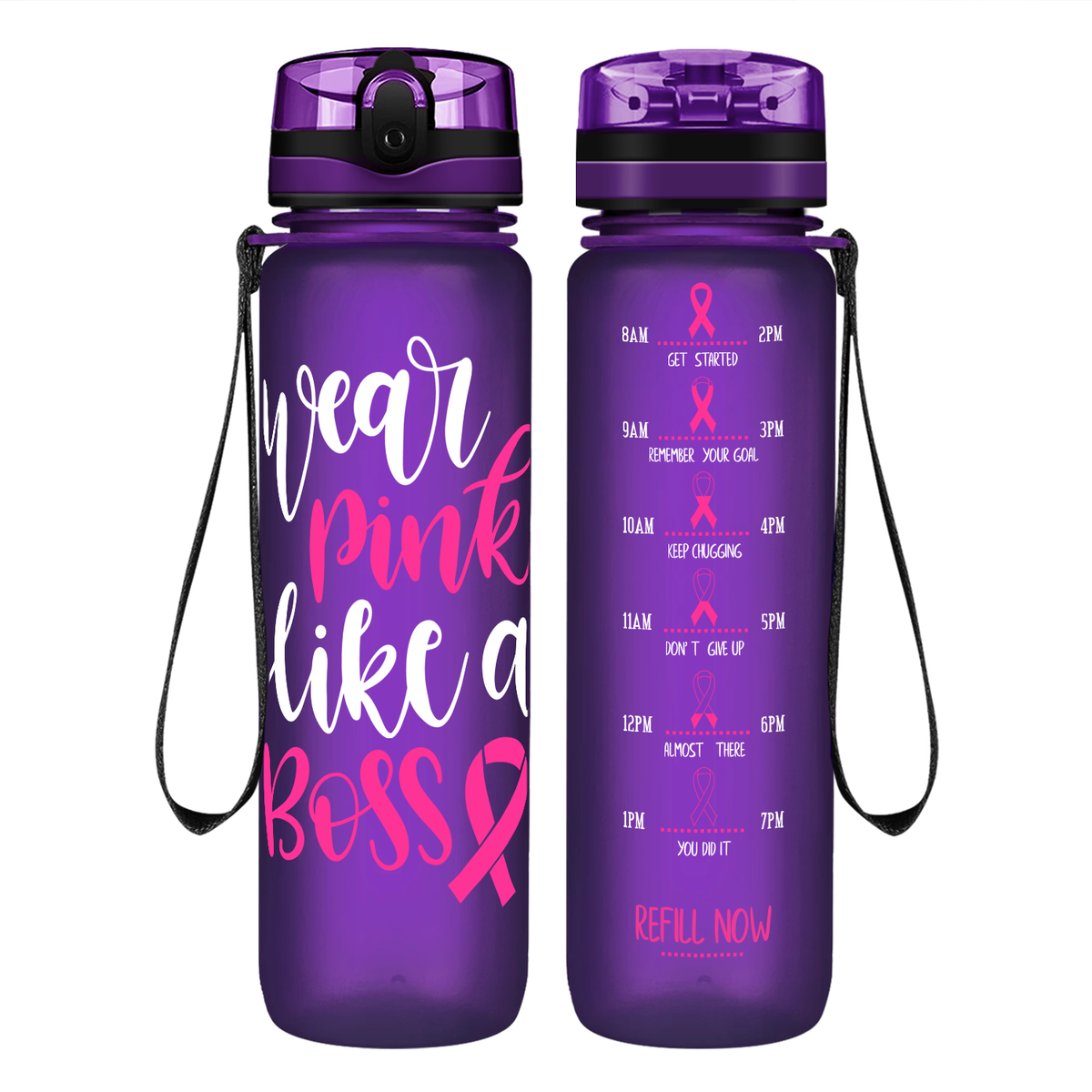 Wear Pink Like a Boss on 32 oz Motivational Tracking Breast Cancer Awareness Water Bottle