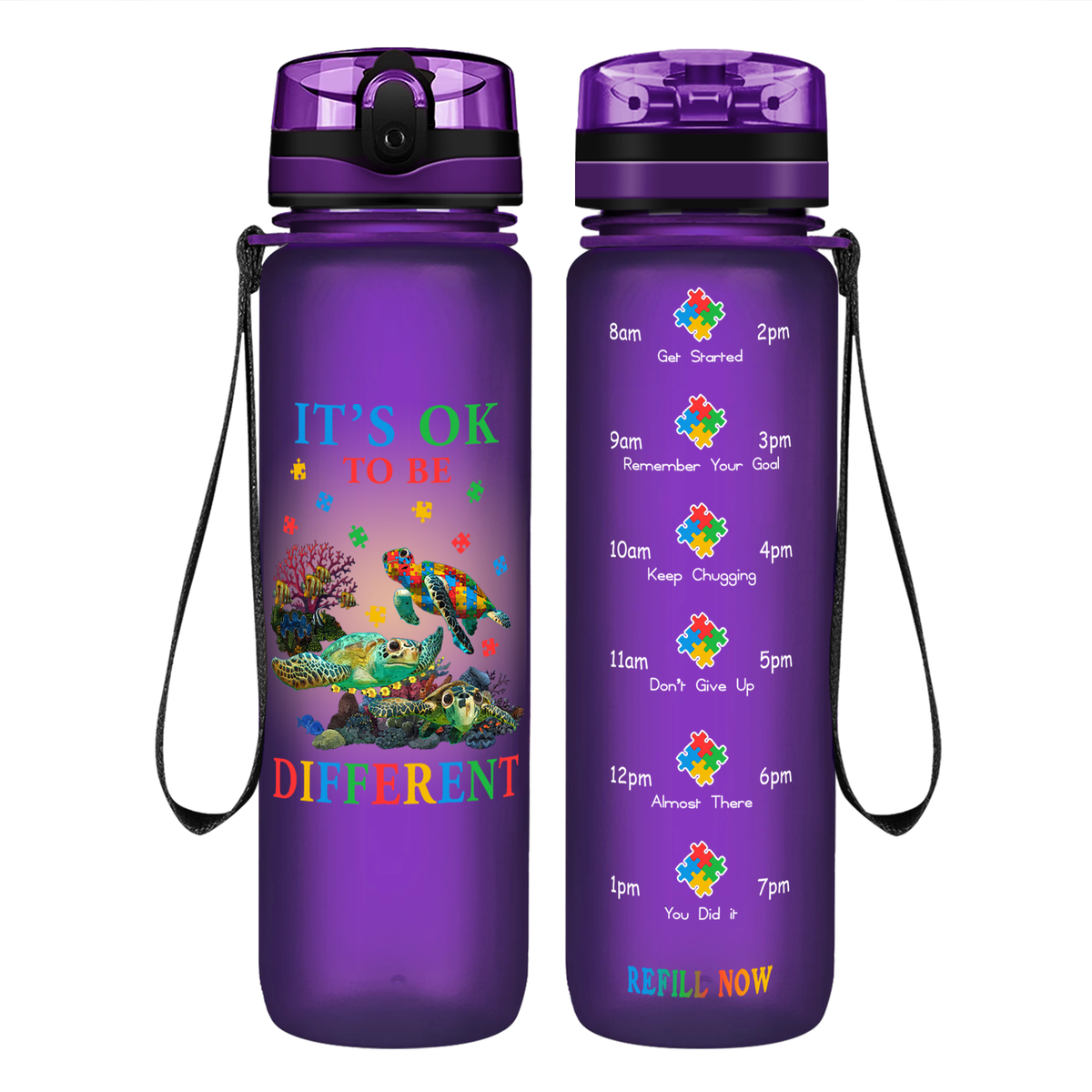 Okay To Be Different Autism Turtle on 32 oz Motivational Tracking Water Bottle