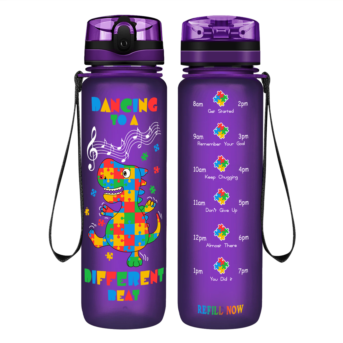 Dancing Dino Different Beat Autism on 32 oz Motivational Tracking Water Bottle