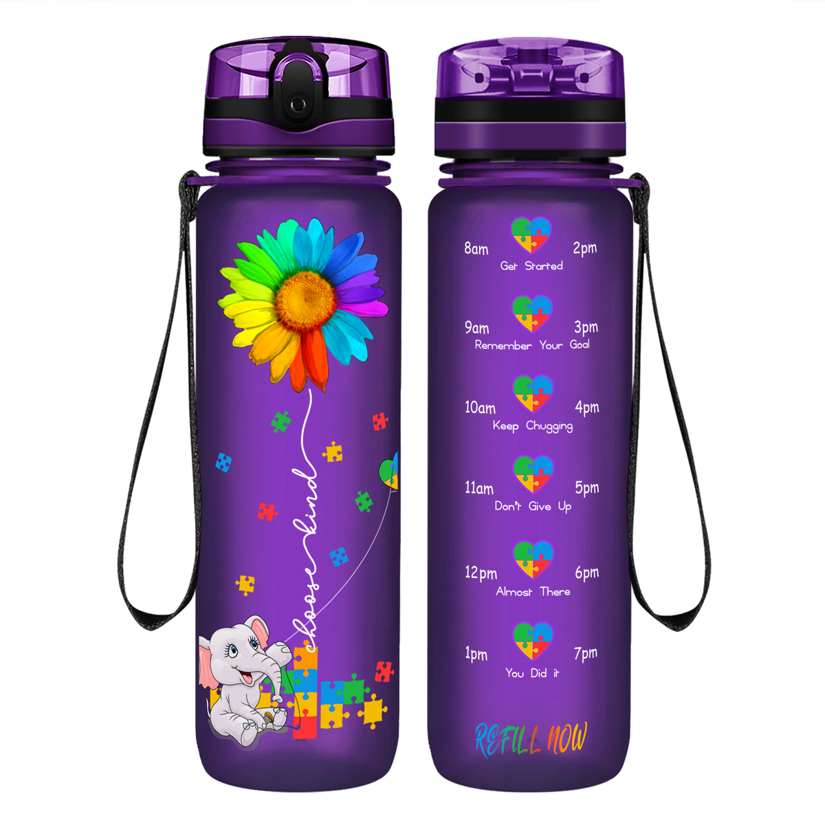Autism Elephant Kindness Kite on 32 oz Motivational Tracking Water Bottle