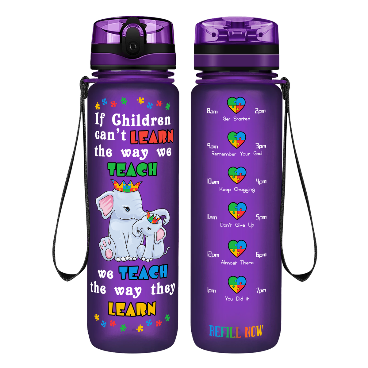 Teach The Way They Learn Elephants on 32 oz Motivational Tracking Autism Water Bottle