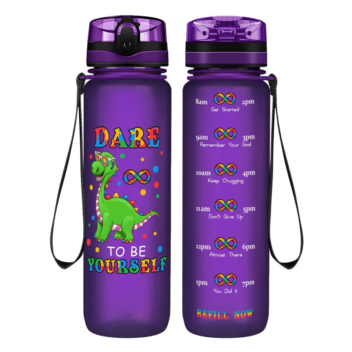 Dinosaur Dare To Be Yourself on 32 oz Motivational Tracking Autism Water Bottle
