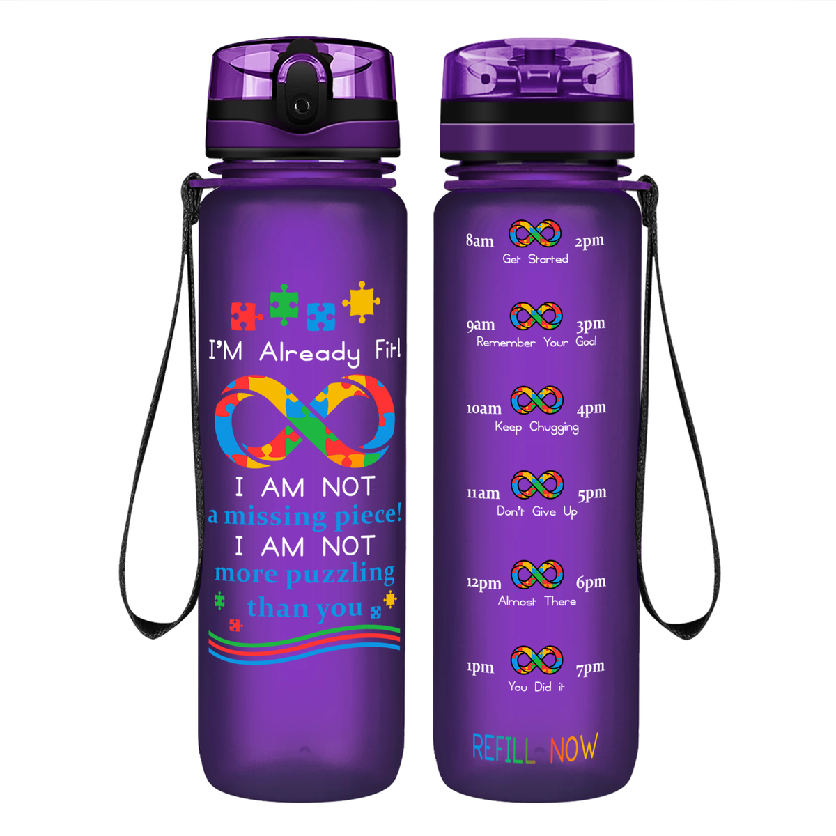 Already Fit Autism Infinity Puzzle on 32 oz Motivational Tracking Water Bottle