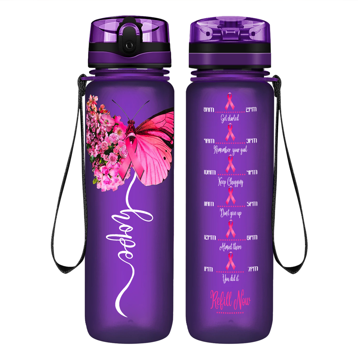 Breast Cancer Hope Butterfly on 32 oz Motivational Tracking Breast Cancer Awareness Water Bottle