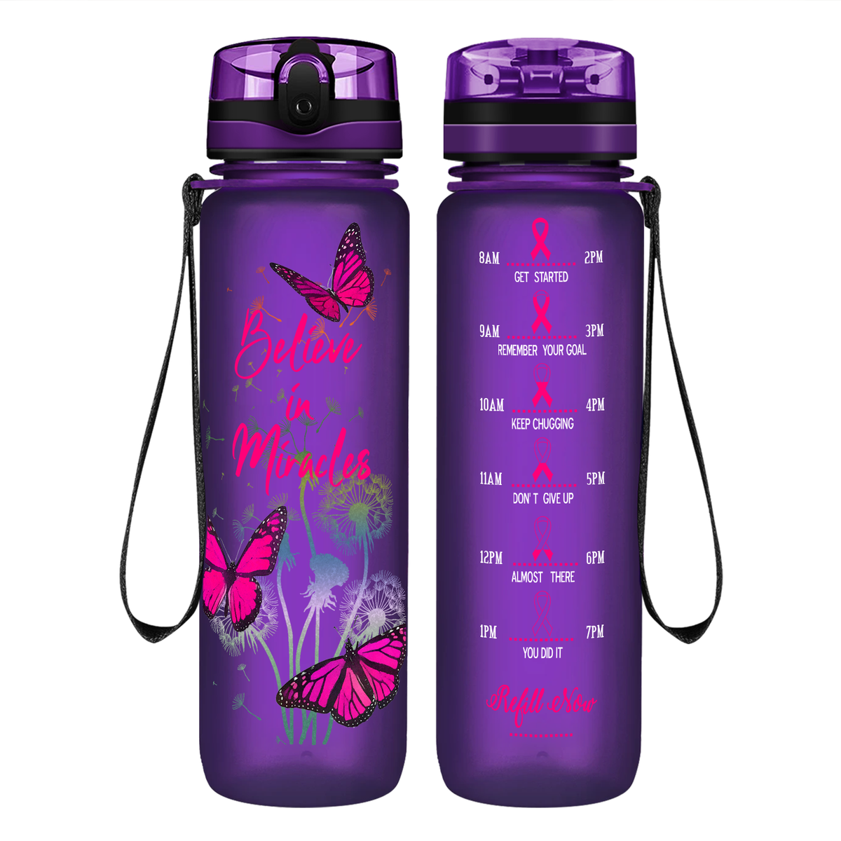 Believe in Miracles on 32 oz Motivational Tracking Breast Cancer Awareness Water Bottle
