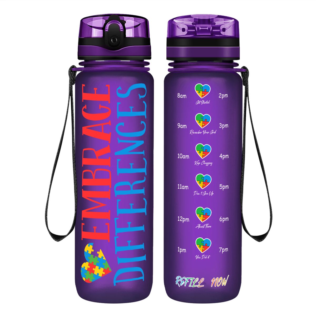 Embrace Differences on 32 oz Motivational Tracking Autism Water Bottle