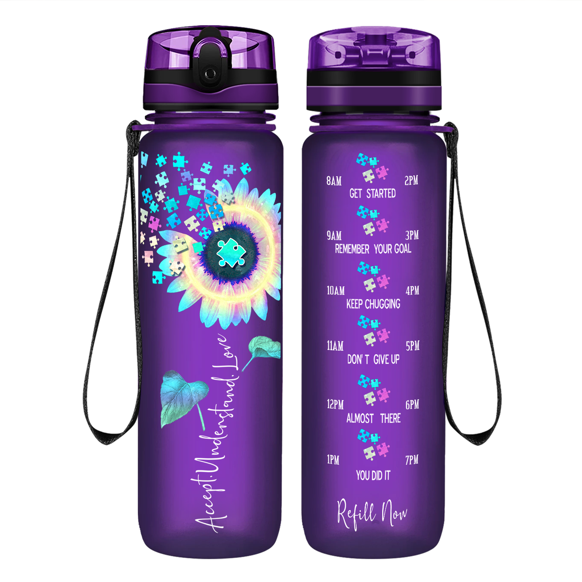 Accept Understand Love Autism Sunflower 32 oz Motivational Tracking Water Bottle