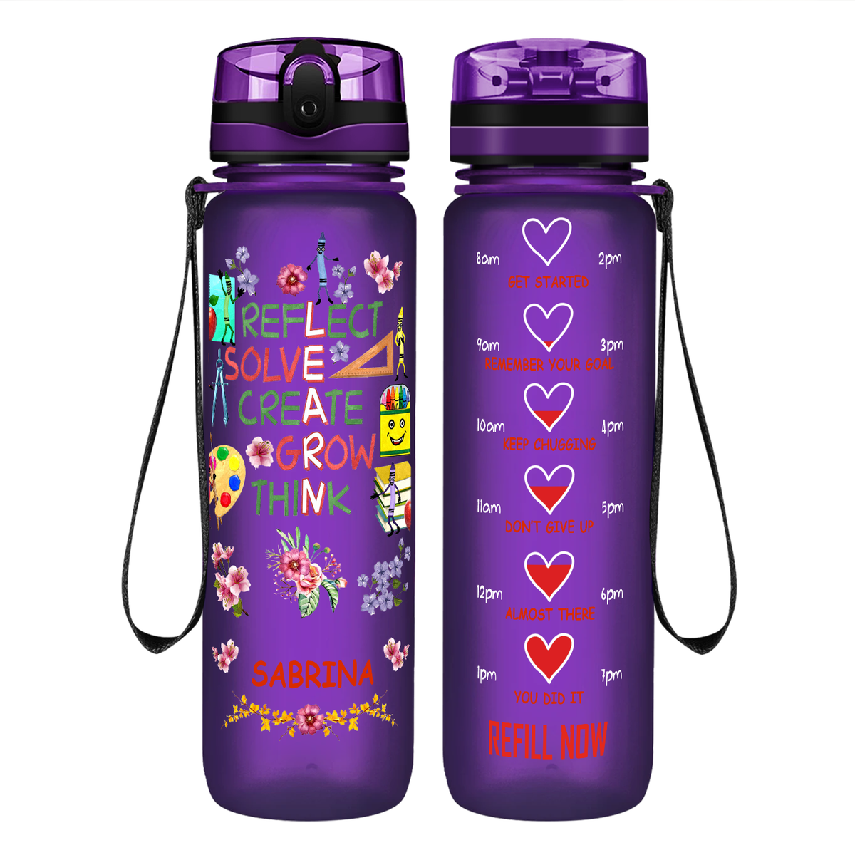 Personalized Reflect Solve Create Grow Think on 32 oz Motivational Tracking Water Bottle