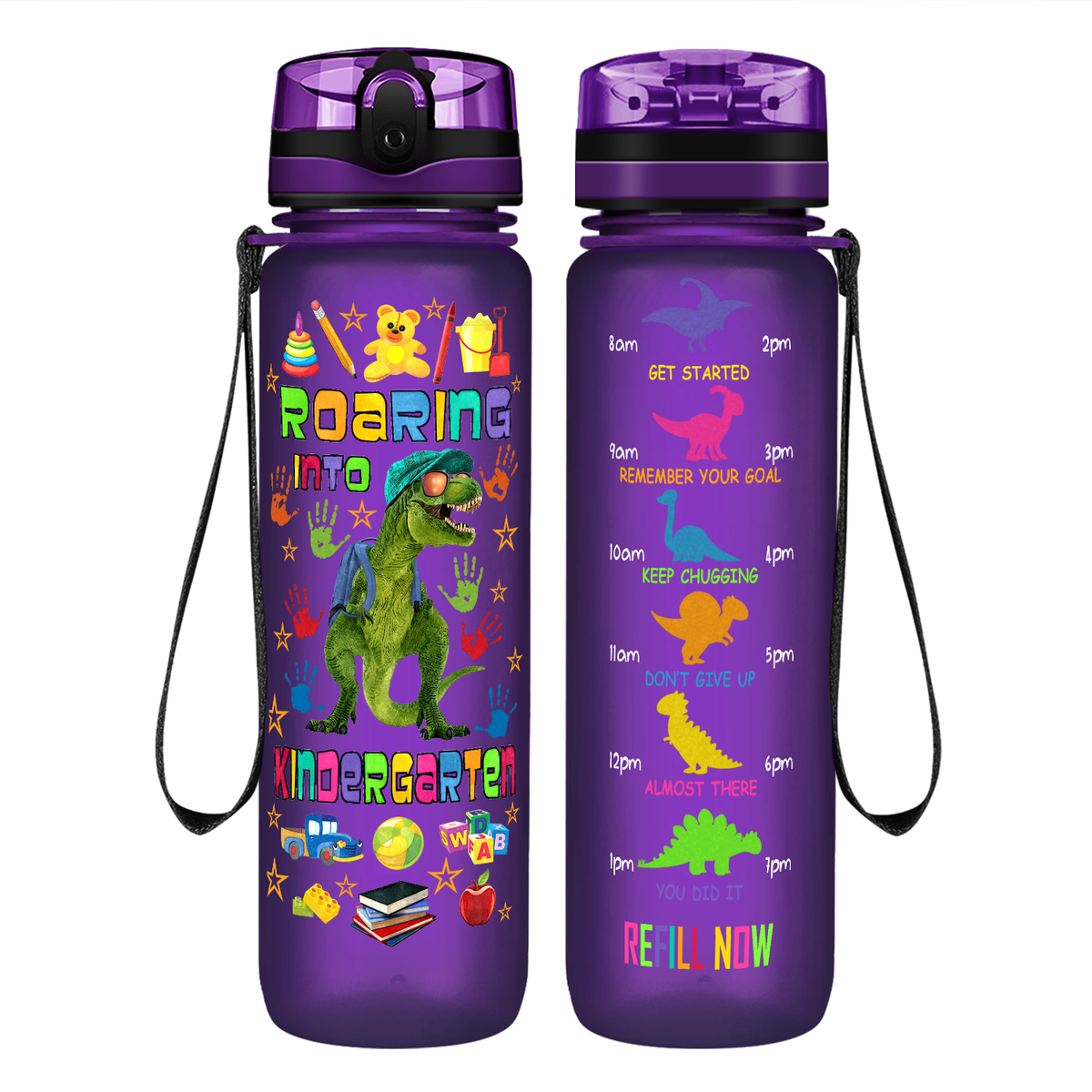 Roaring Into Kindergarten on 32 oz Motivational Tracking Water Bottle