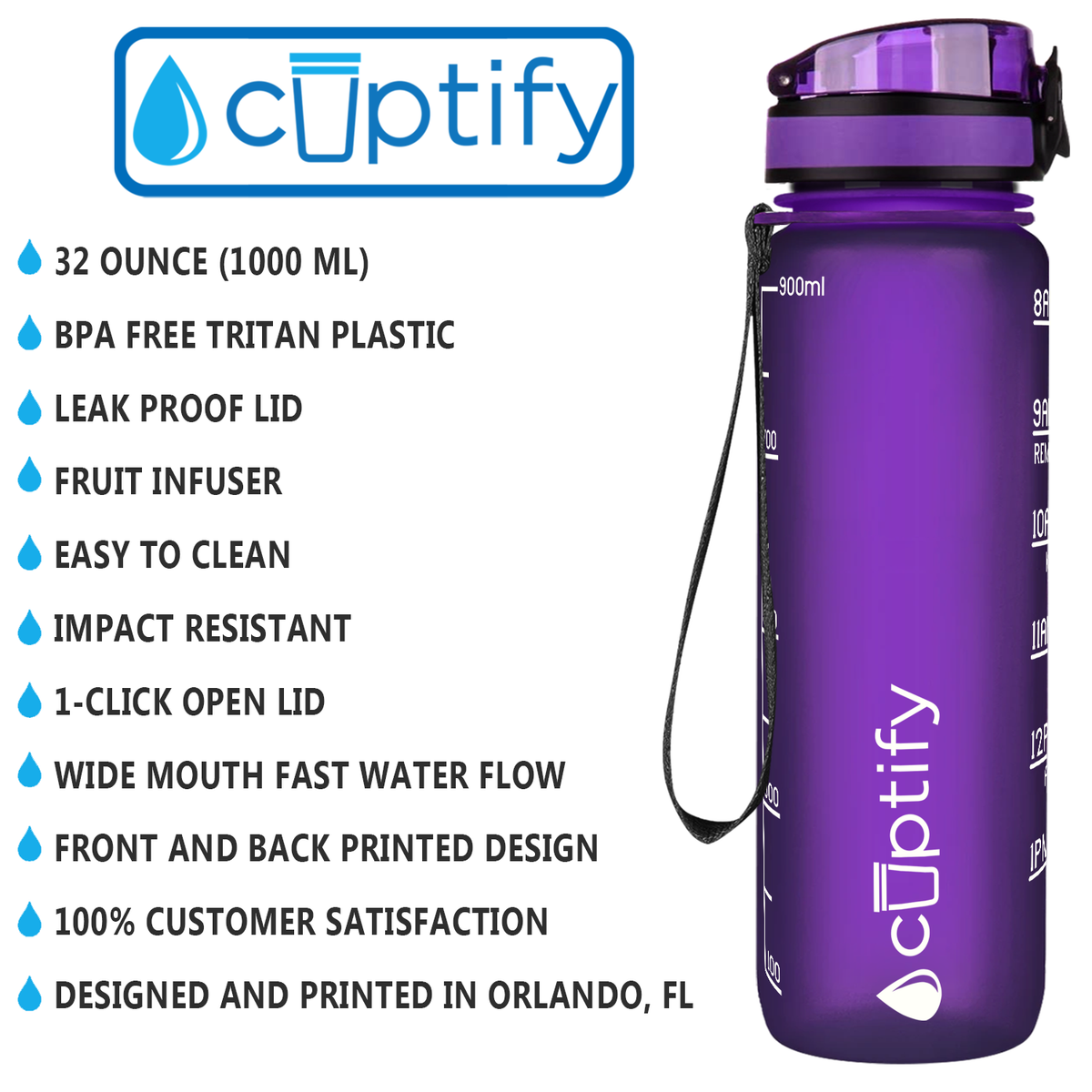 Cuptify Purple Frosted 32 oz Motivational Water Bottle