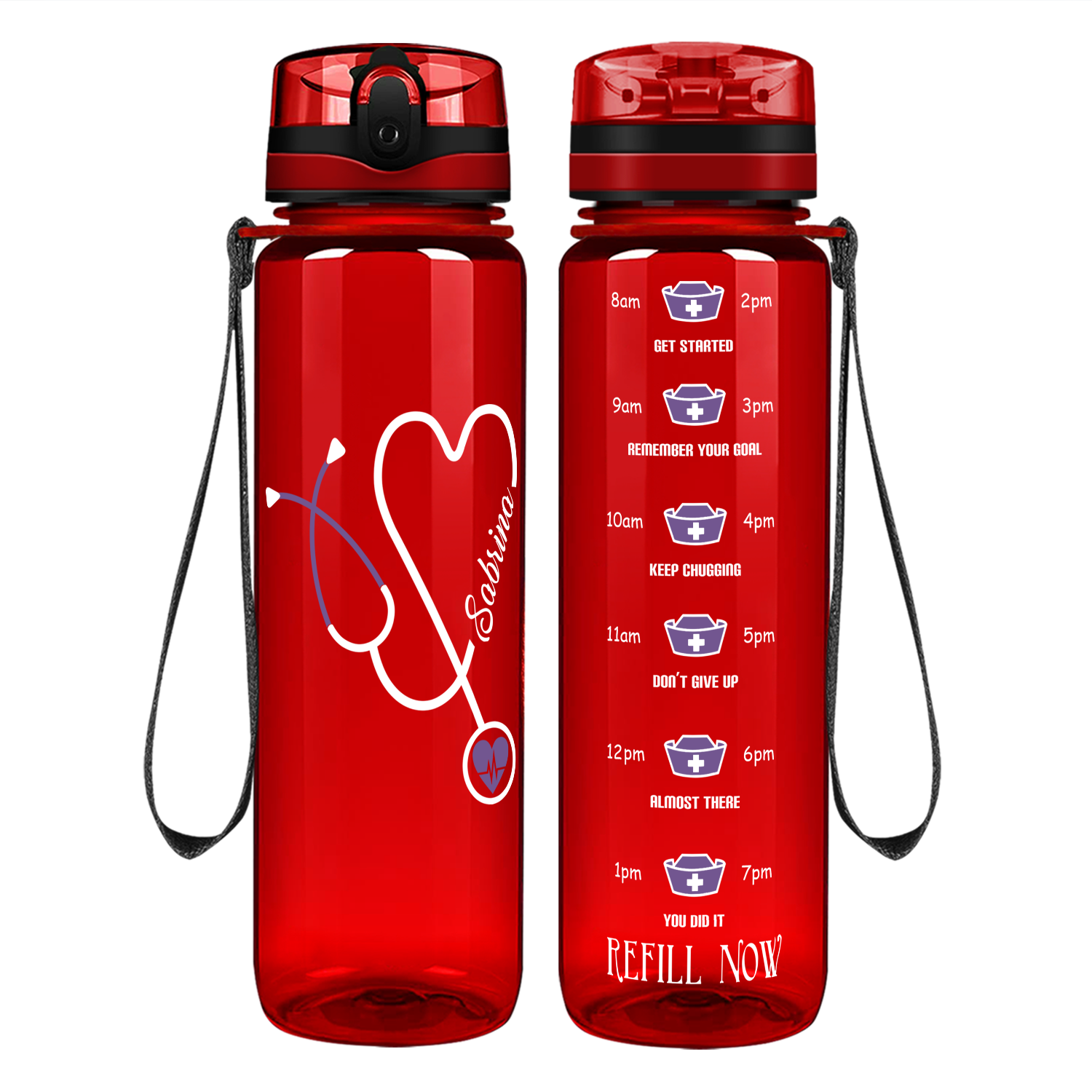  Cuptify Personalized Nurse Water Bottle Blue Stethoscope Heart  on Fuchsia Gloss 32 oz 1 Liter Motivational Tracking Water Bottle with Time  Marker Gift for Nurses : Sports & Outdoors