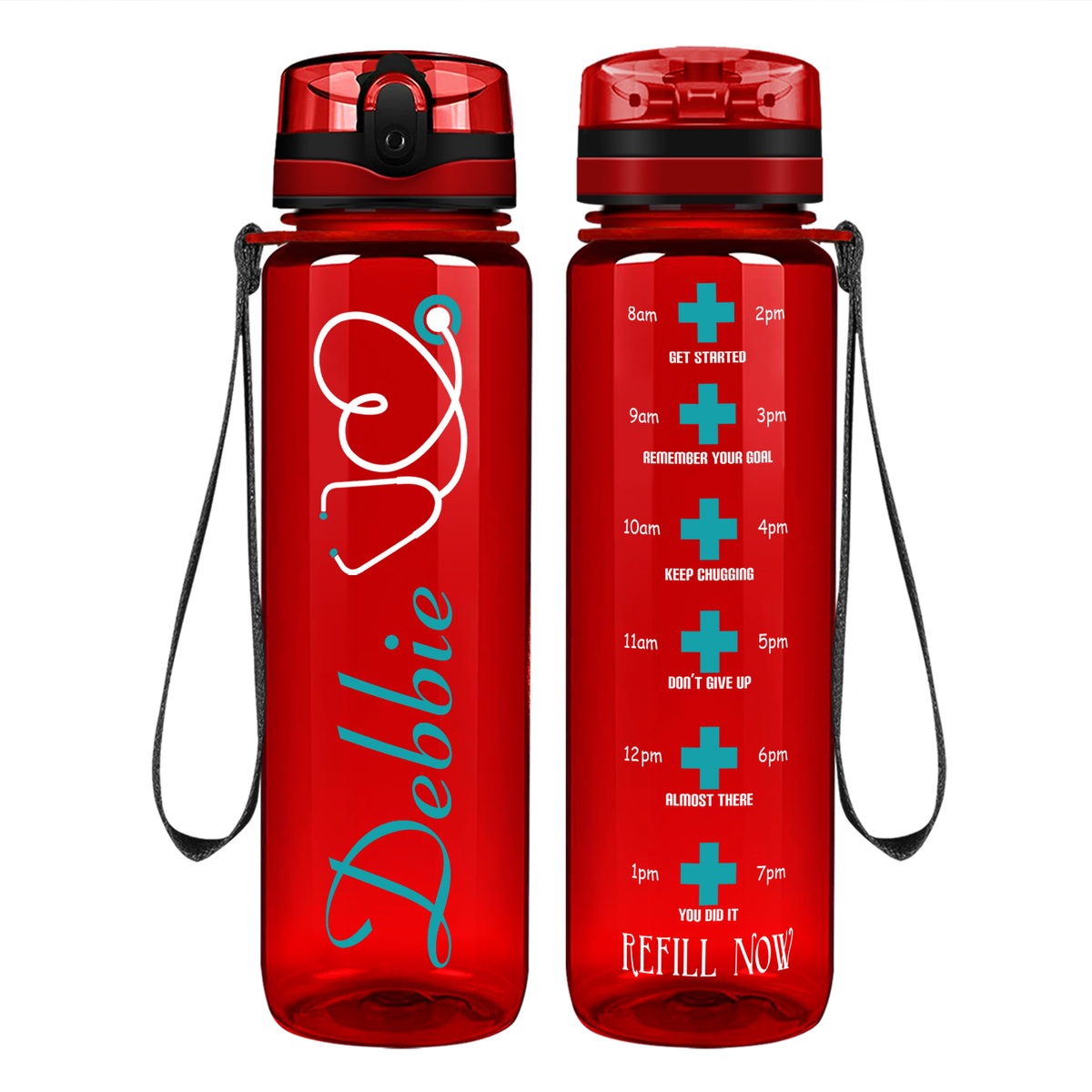 Personalized Nurse Name Aqua Stethoscope  on 32oz Motivational Tracking Water Bottle
