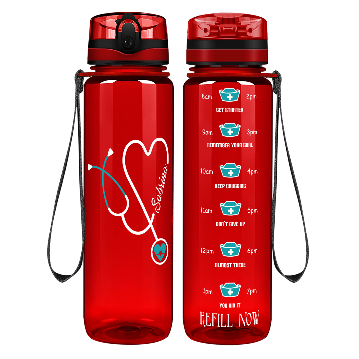 Personalized Nurse Water Bottle Green Stethoscope Heart on 32oz Motivational Tracking Water Bottle