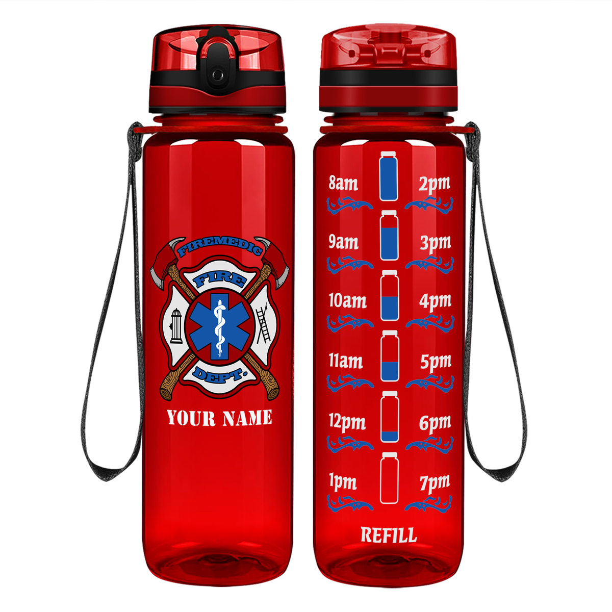 Personalized Firemedic Fire Department Badge on 32 oz Motivational Tracking Water Bottle