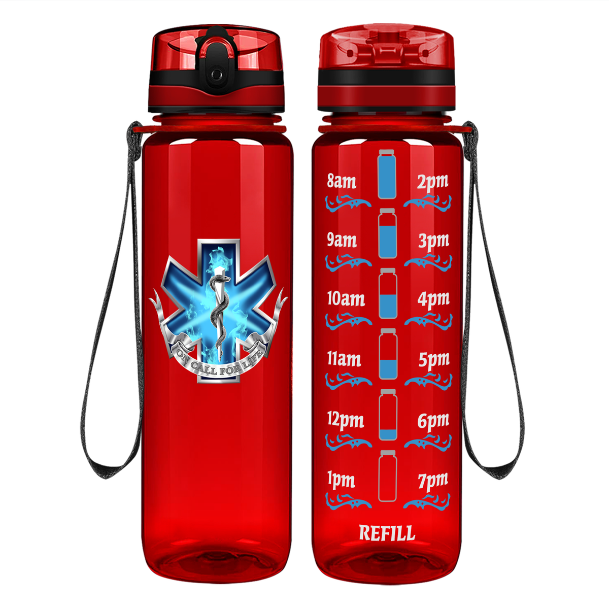 EMT EMS On Call for Life Blue Badge on 32 oz Motivational Tracking Water Bottle