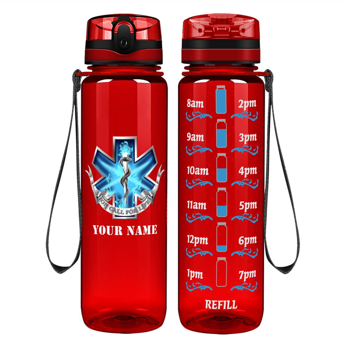 Personalized EMT EMS On Call for Life Blue Badge on 32 oz Motivational Tracking Water Bottle