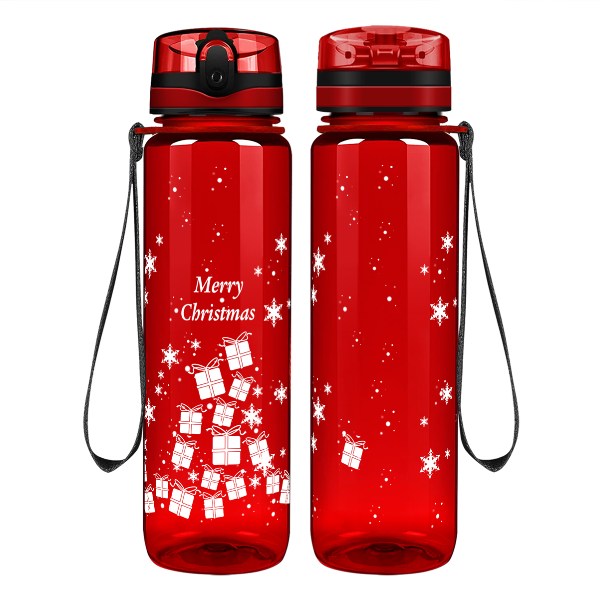 Merry Christmas with Presents on 32 oz Motivational Tracking Holiday Water Bottle