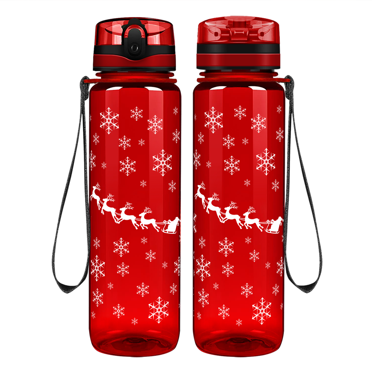 Santa with his Reindeer in the Snow on 32 oz Motivational Tracking Christmas Water Bottle