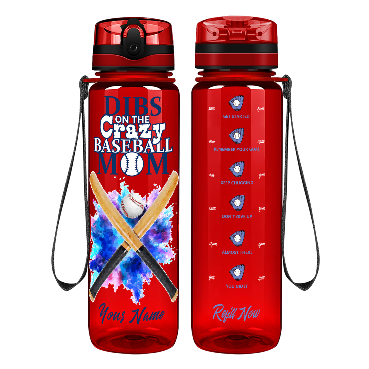 Personalized Dibs on the Baseball Mom on 32 oz Motivational Tracking Water Bottle