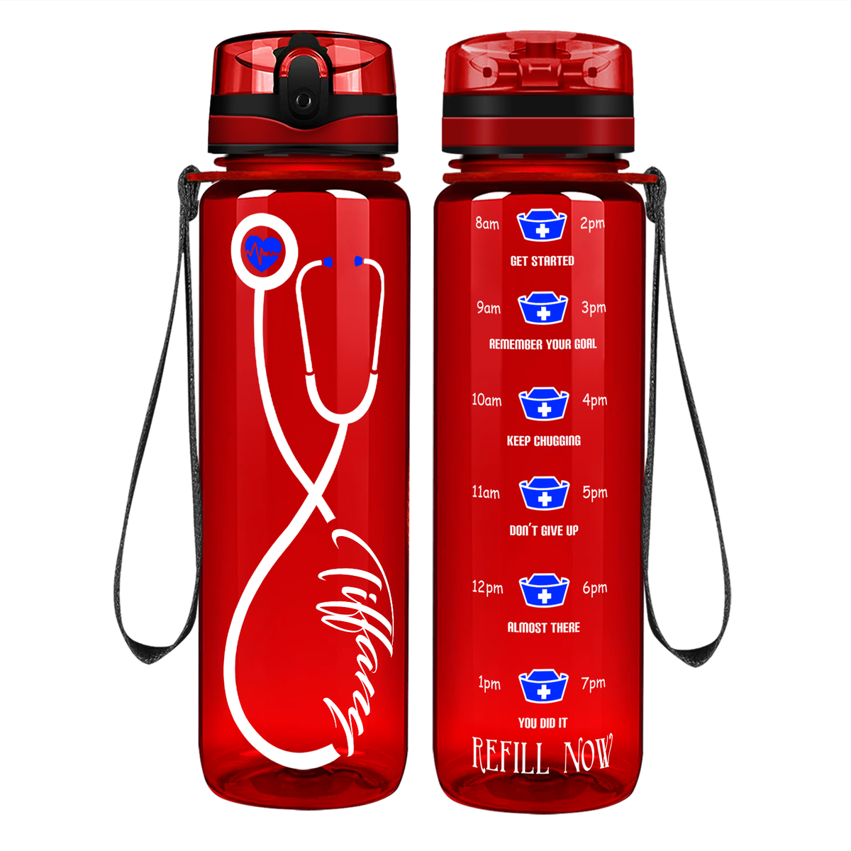 Personalized Nurse Stethoscope Blue on 32oz Motivational Tracking Water Bottle