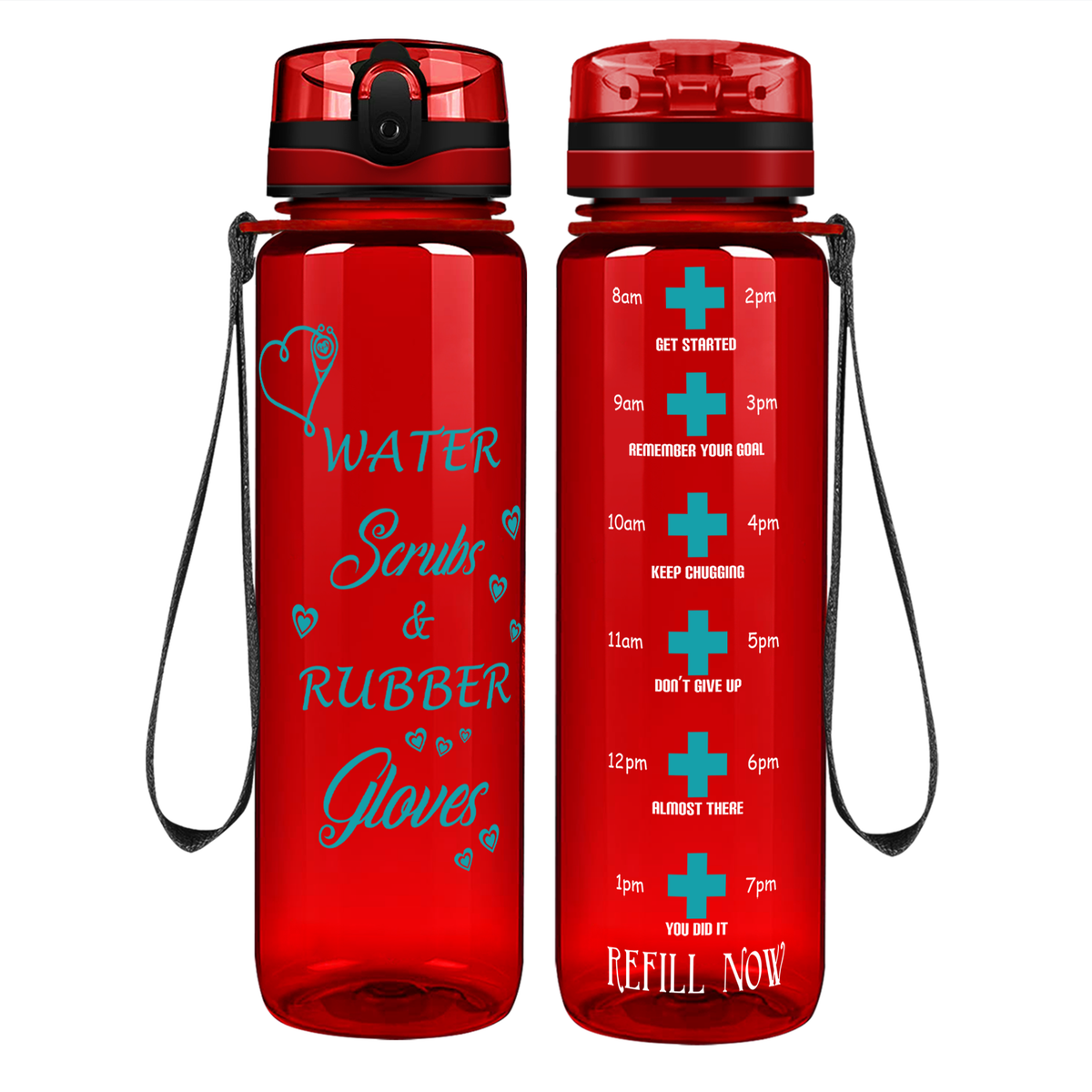 Water Scrubs and Rubber Gloves on 32oz Motivational Tracking Nurse Water Bottle