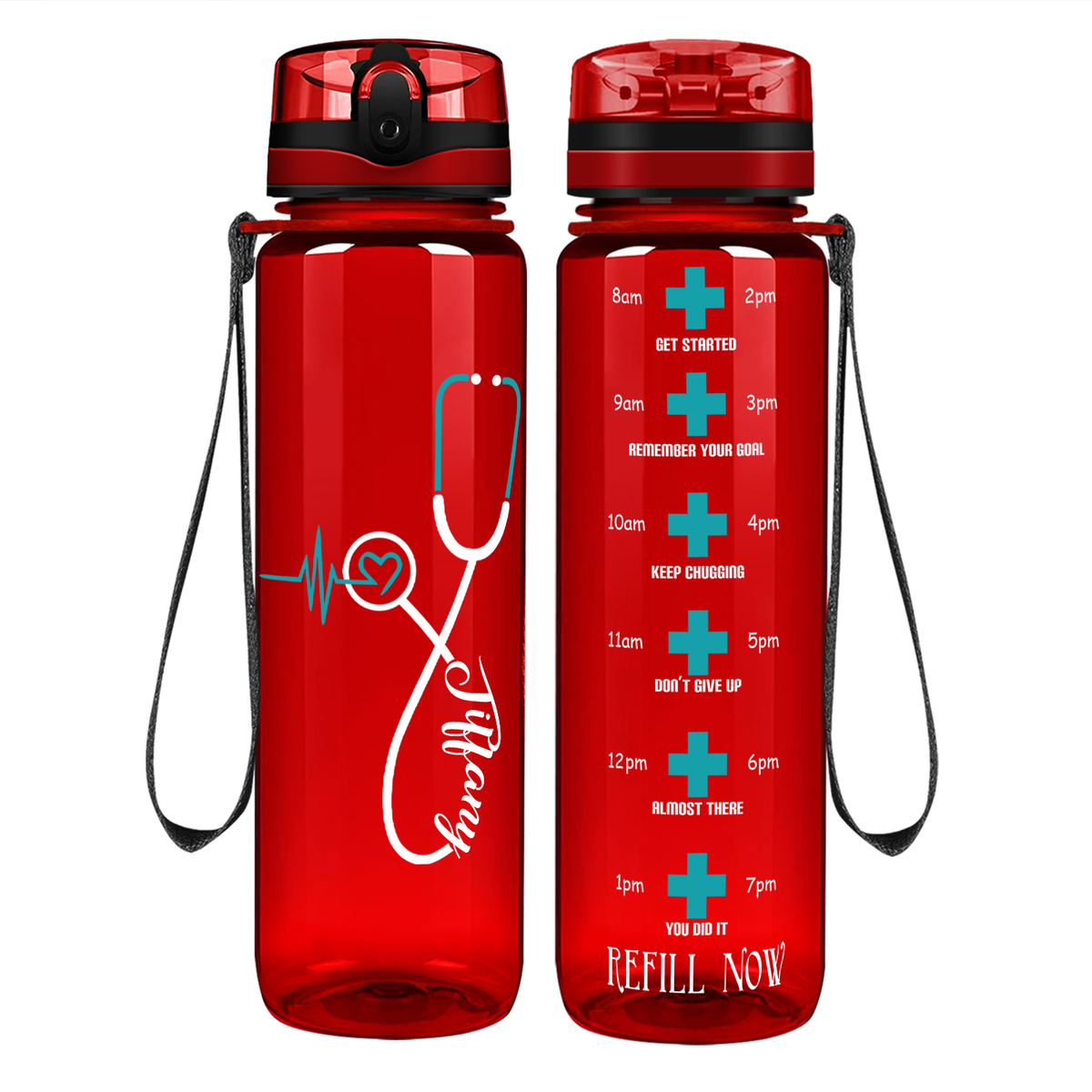 Personalized Seafoam Heart Nursing Stethoscope on 32oz Motivational Tracking Water Bottle