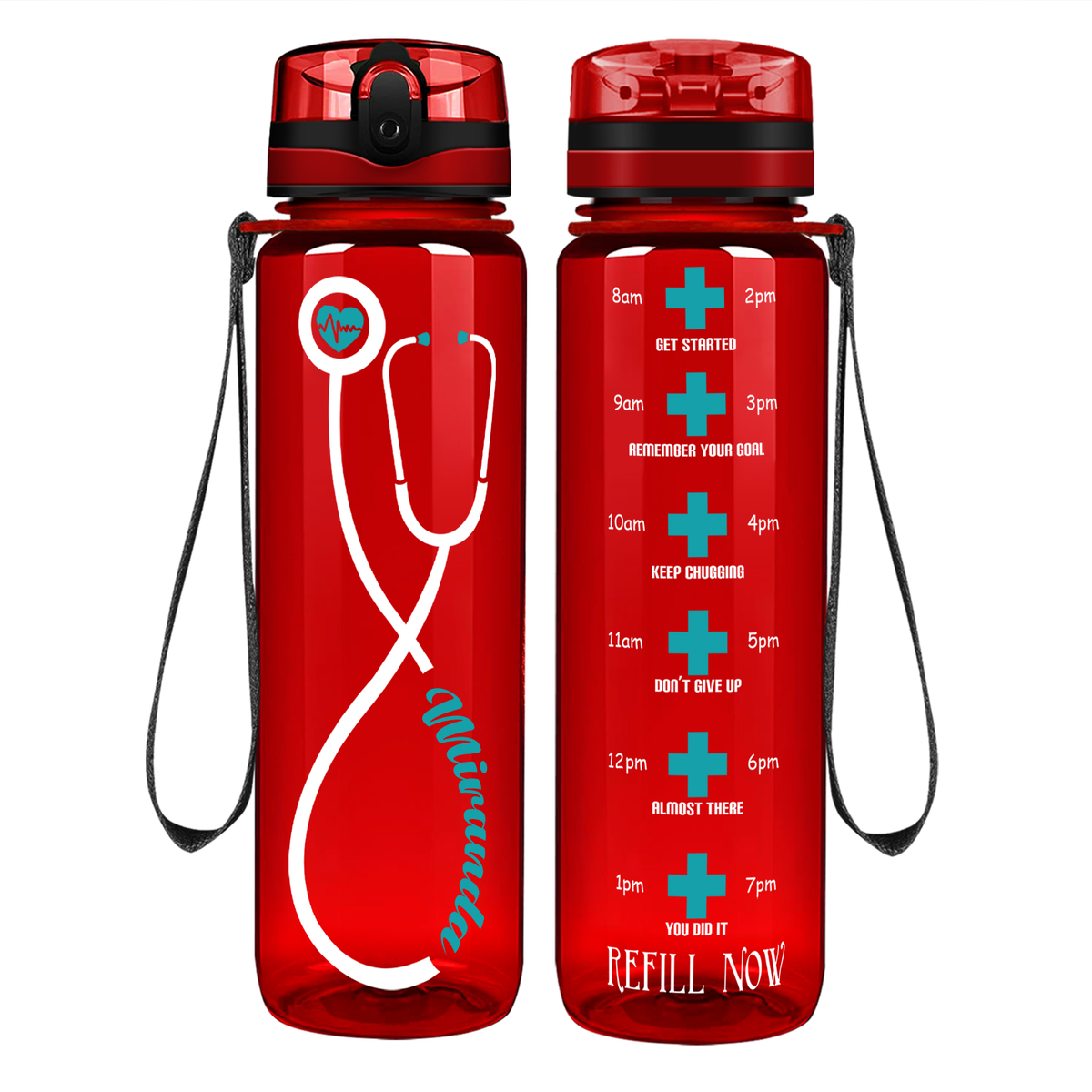 Personalized Heartbeat Nurse Stethoscope on 32oz Motivational Tracking Water Bottle