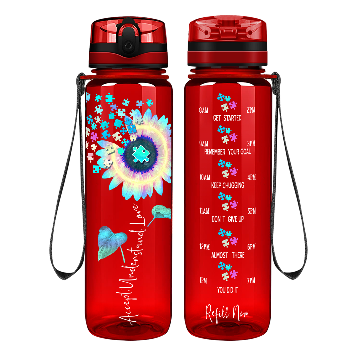 Accept Understand Love Autism Sunflower 32 oz Motivational Tracking Water Bottle