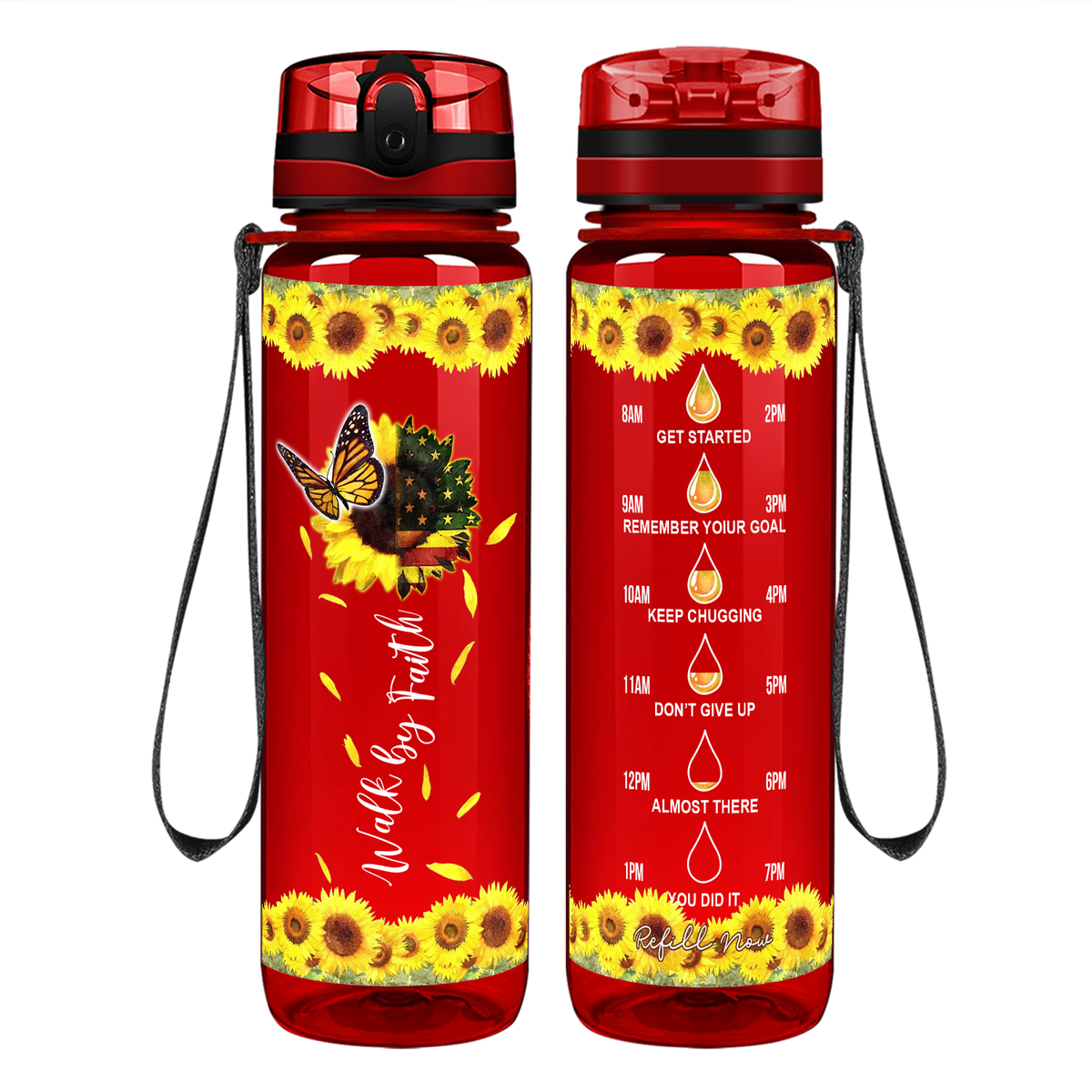 Walk by Faith American Sunflower on 32 oz Motivational Tracking Water Bottle