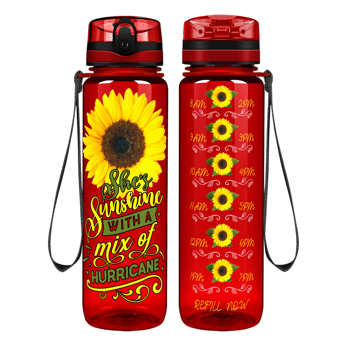 She's Sunshine with a Mix of Hurricane on 32 oz Motivational Tracking Sunflowers Water Bottle