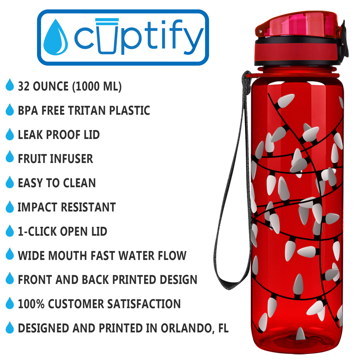 White Holiday Lights on Red 32 oz Motivational Tracking Christmas Water Bottle