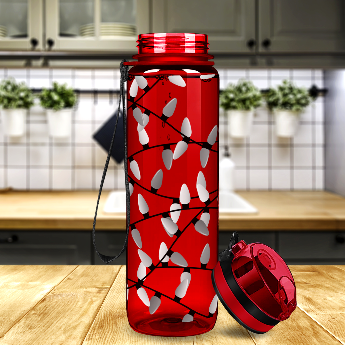 White Holiday Lights on Red 32 oz Motivational Tracking Christmas Water Bottle