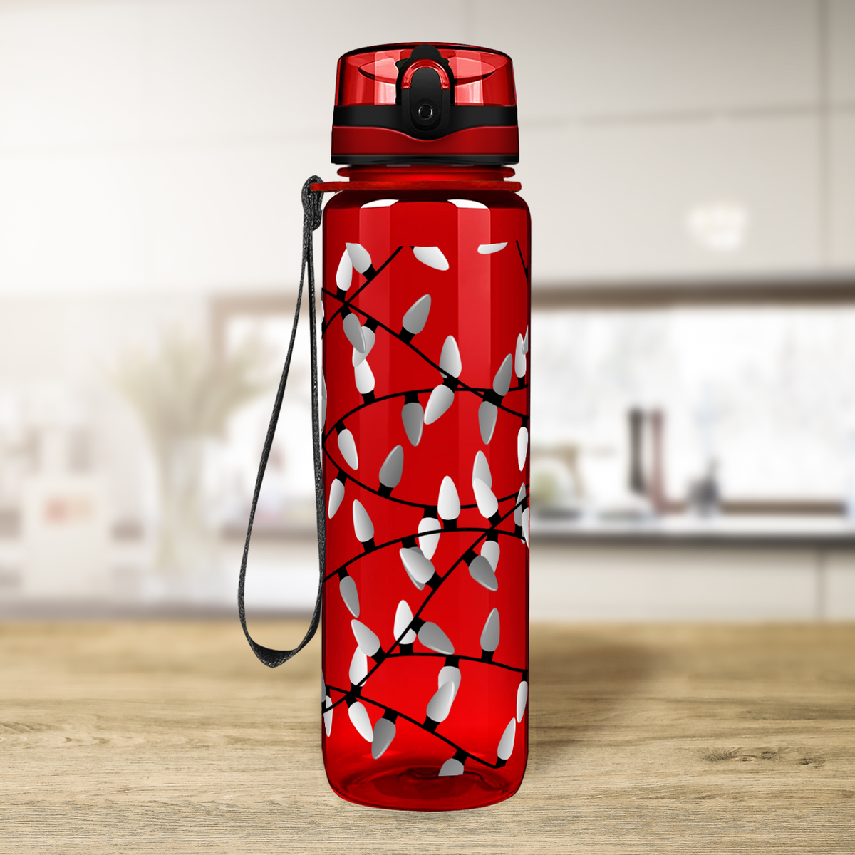 White Holiday Lights on Red 32 oz Motivational Tracking Christmas Water Bottle
