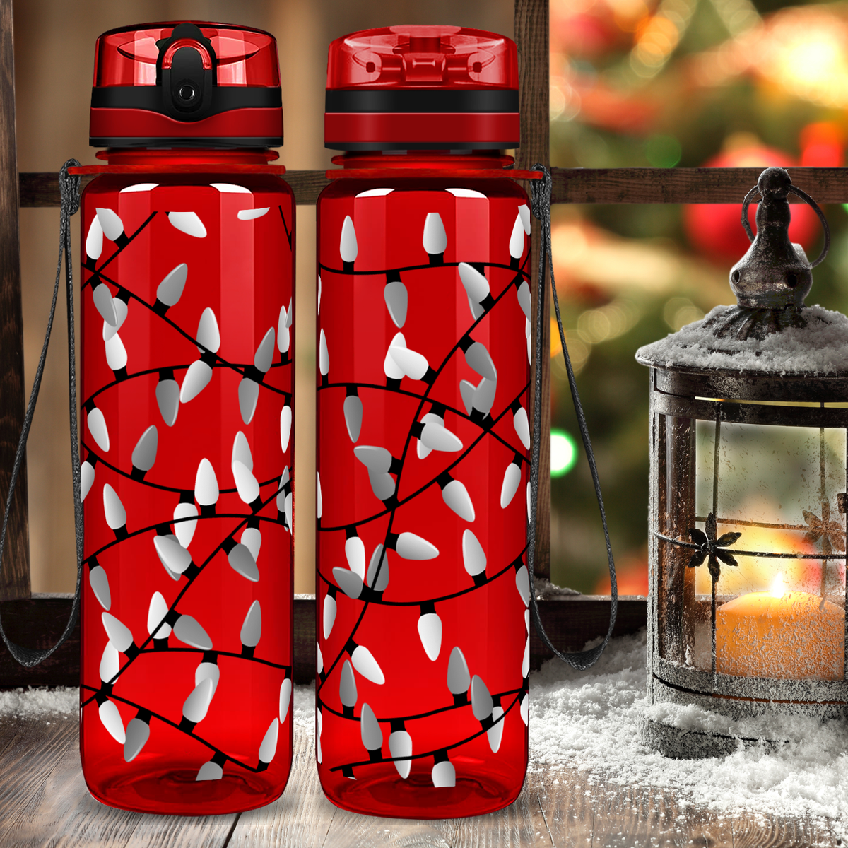 White Holiday Lights on Red 32 oz Motivational Tracking Christmas Water Bottle