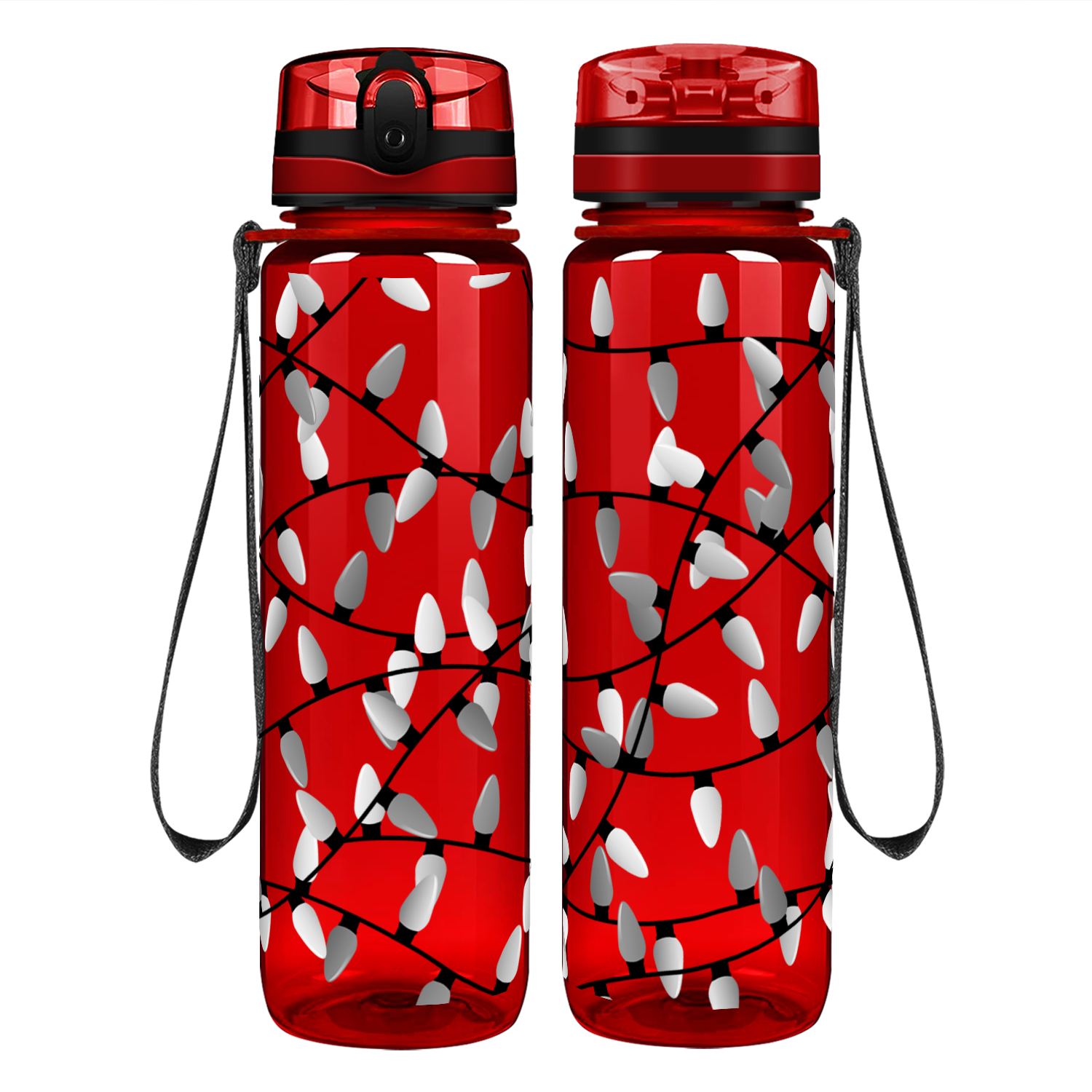 White Holiday Lights on Red Motivational Tracking Water Bottle
