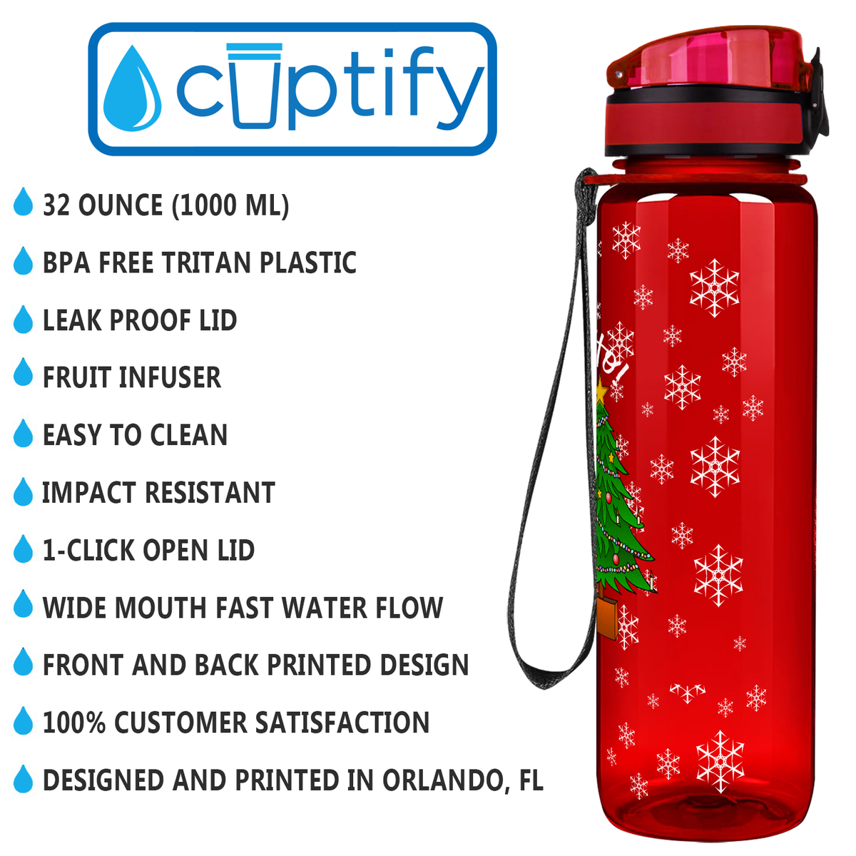 Ho, Ho, Ho, Ho, Santa Claus on Red 32 oz Motivational Tracking Christmas Water Bottle