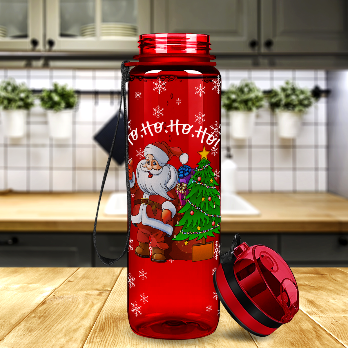 Ho, Ho, Ho, Ho, Santa Claus on Red 32 oz Motivational Tracking Christmas Water Bottle