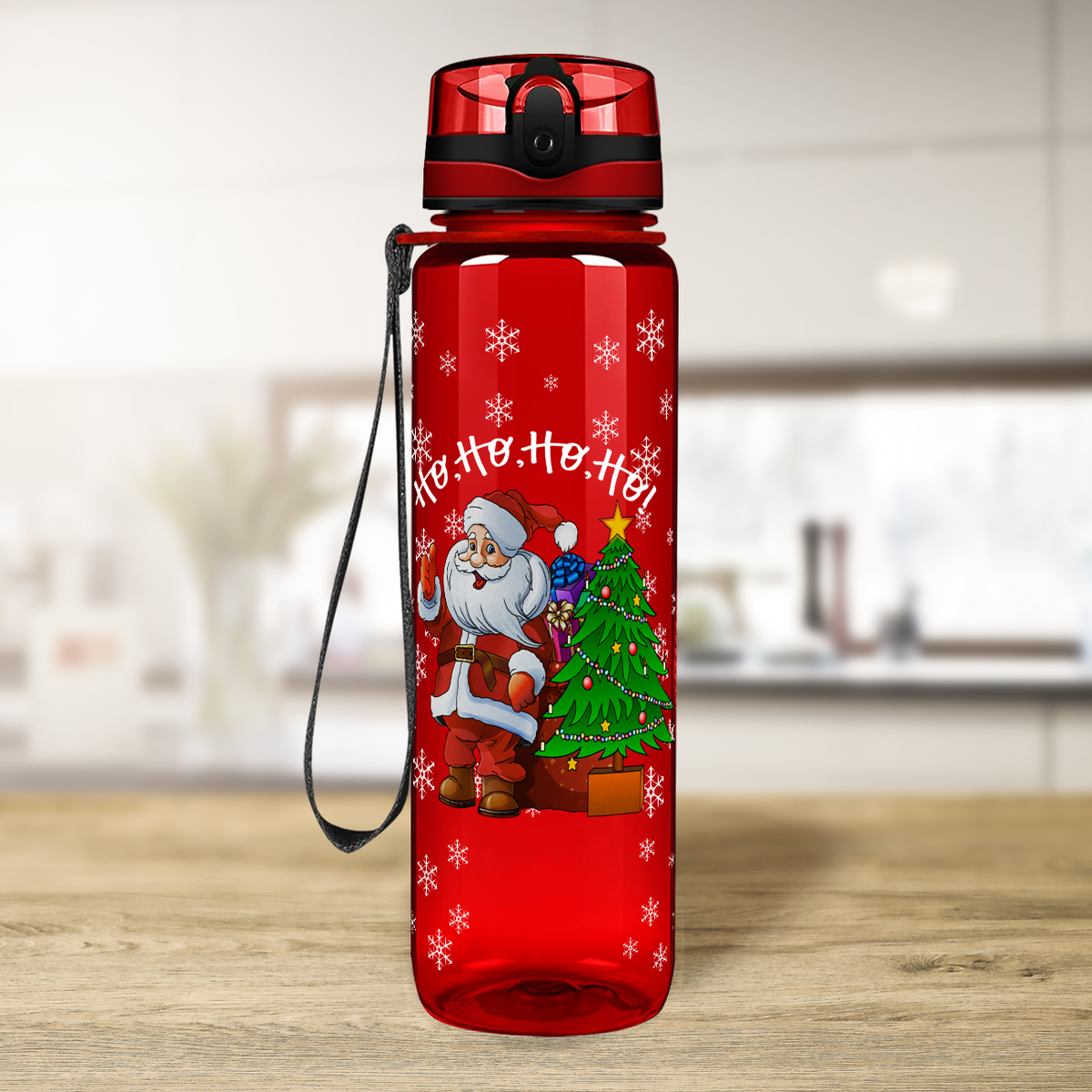 Ho, Ho, Ho, Ho, Santa Claus on Red 32 oz Motivational Tracking Christmas Water Bottle