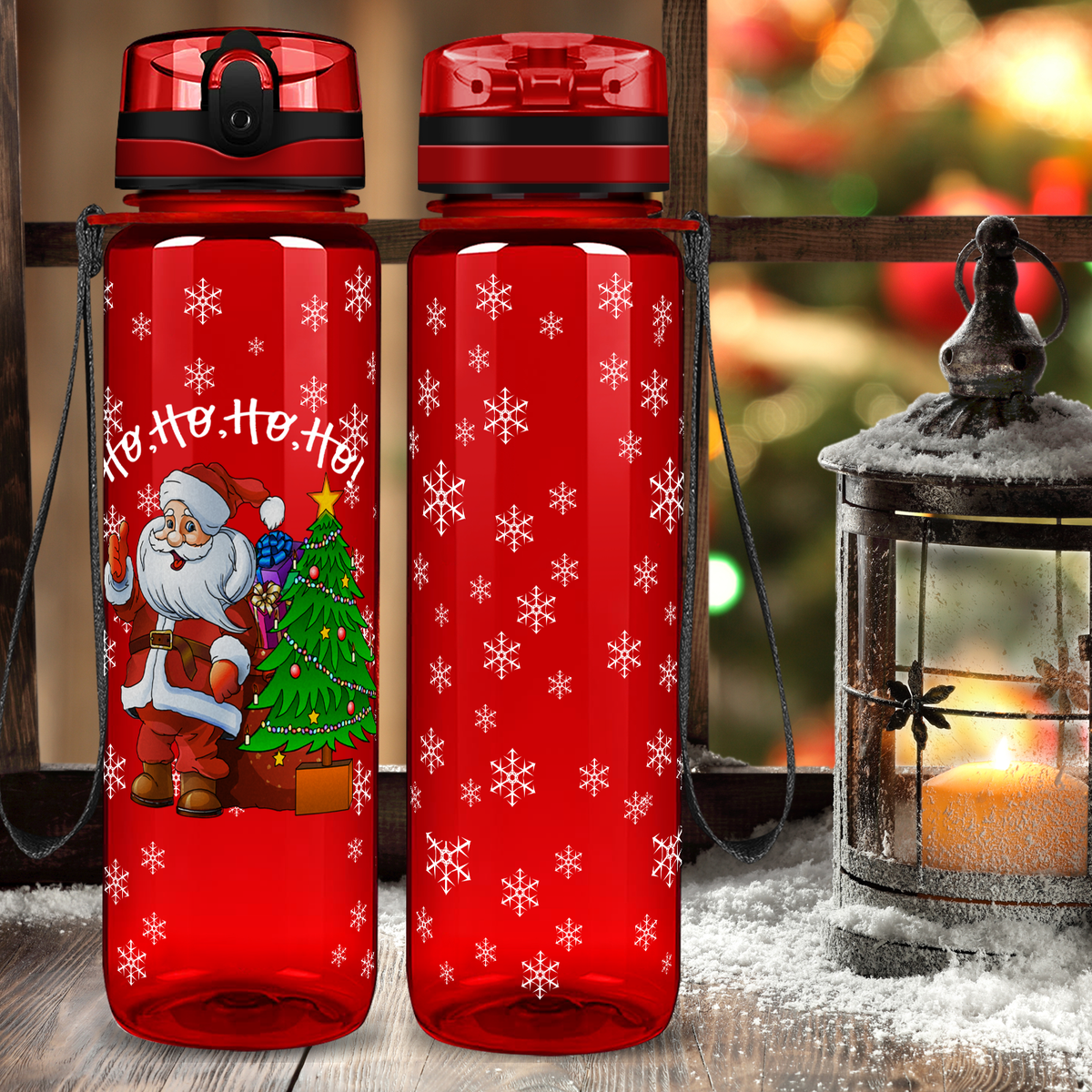 Ho, Ho, Ho, Ho, Santa Claus on Red 32 oz Motivational Tracking Christmas Water Bottle