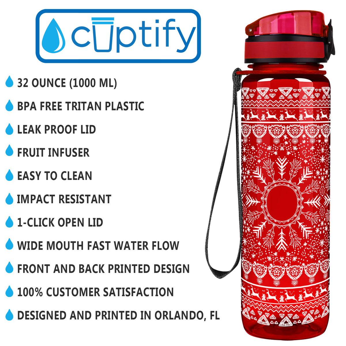 Holiday Deer and Snow Pattern on Red 32 oz Motivational Tracking Christmas Water Bottle