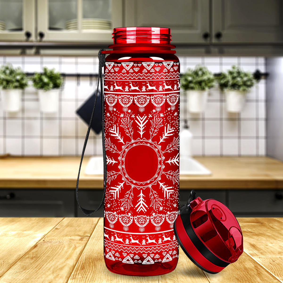 Holiday Deer and Snow Pattern on Red 32 oz Motivational Tracking Christmas Water Bottle